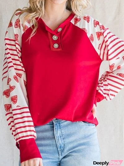 Heart Striped Quarter Button Long Sleeve T-Shirt