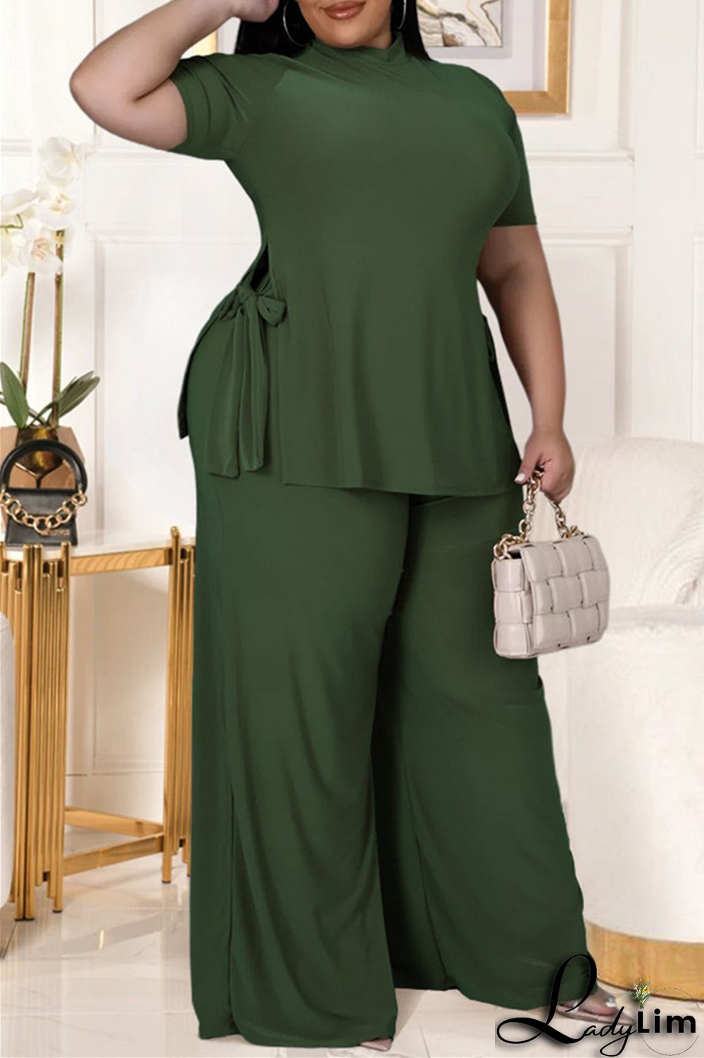 Black Fashion Casual Solid Bandage Slit Turtleneck Plus Size Two Pieces