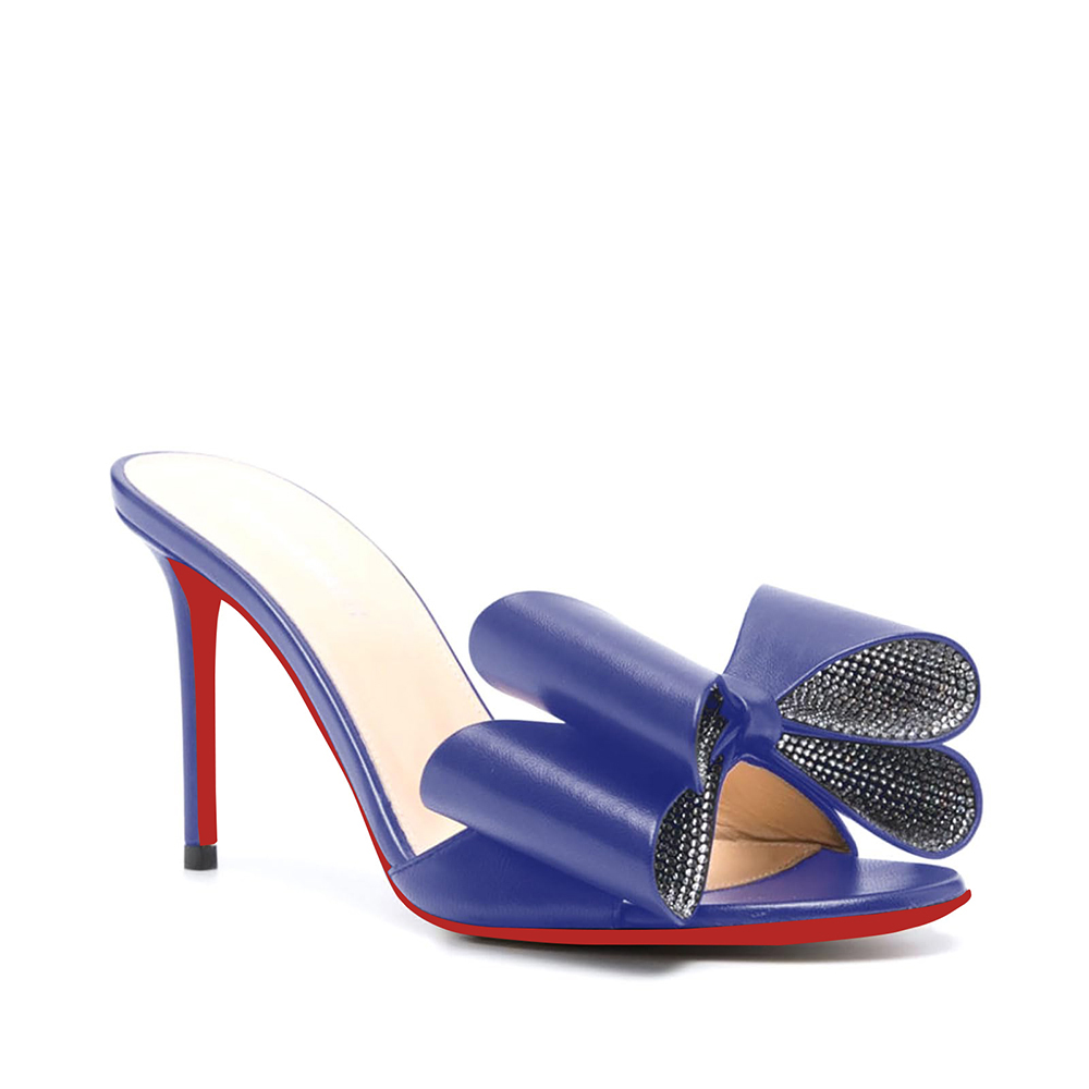 100mm/3.94 Inch Women's High Heel Mules Rhinestone Bowknot Backless Stiletto Heel Slippers Sexy Summer Heeled Red Bottom Sandals-vocosishoes