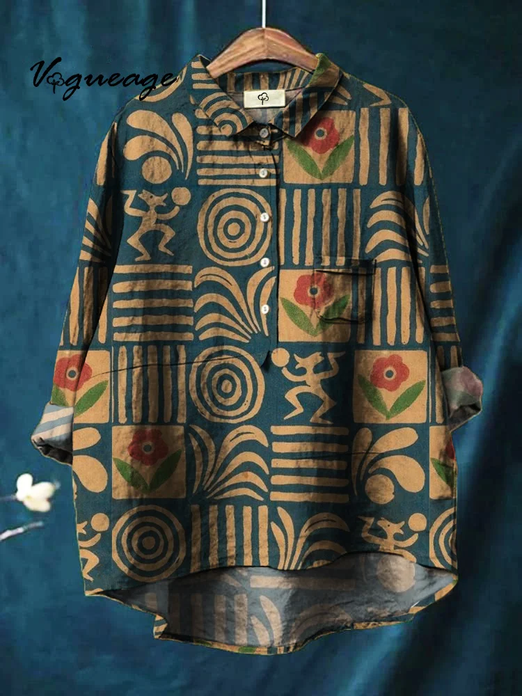 Interesting And Charming Regular Lines Flowers Printed Cotton And Linen Shirt