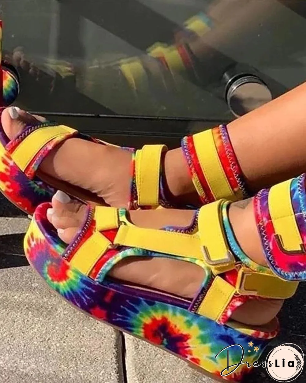 Tie Dye Print Velcro Peep Toe Platform Sandals