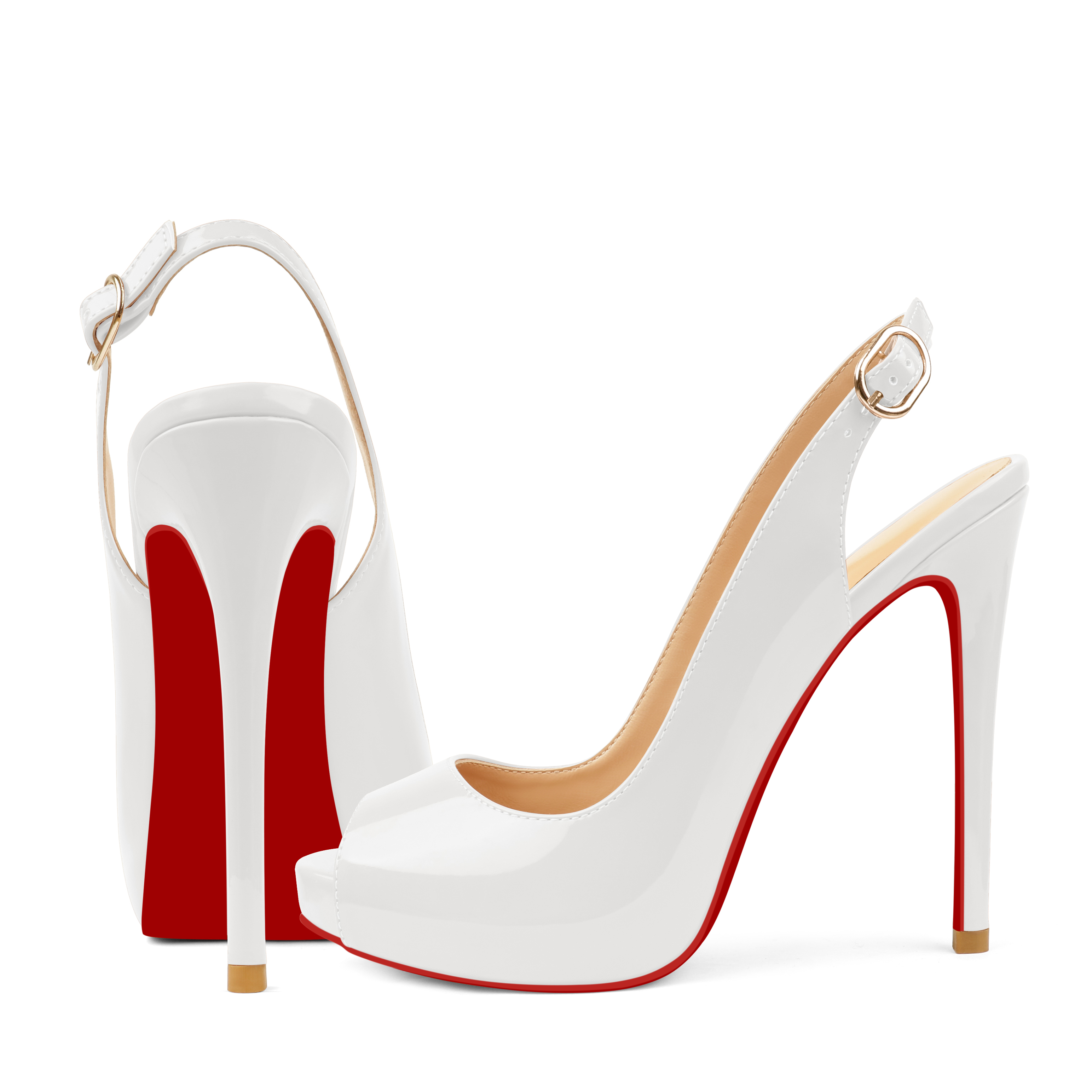 120mm Red Bottom Elastic Strap Slingback Sandals Peep Toe Platform Stilettos Black Patent Heels-MERUMOTE