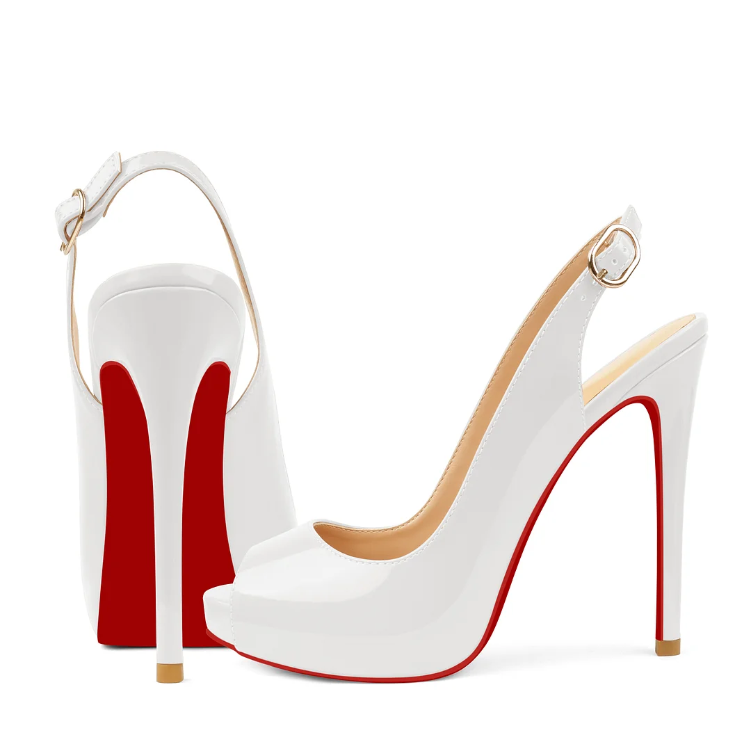 120mm Red Bottom Elastic Strap Slingback Sandals Peep Toe Platform Stilettos Black Patent Heels-MERUMOTE