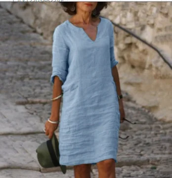 Uveng Cotton Linen Small V-neck Stitching Retro Basic Model Solid Color Three-quarter Sleeve Dress
