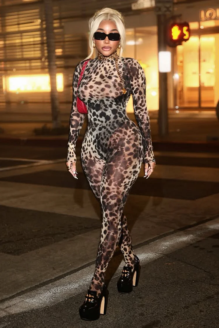 Mock Neck Long Sleeve Leopard Print Bodycon Party Jumpsuit-Brown