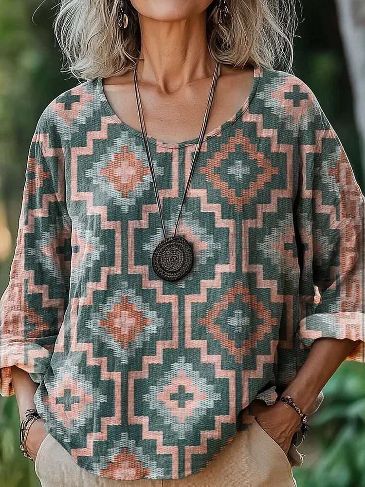 Women's Retro Geometric Pattern Art Print Casual Cotton And Linen Shirt