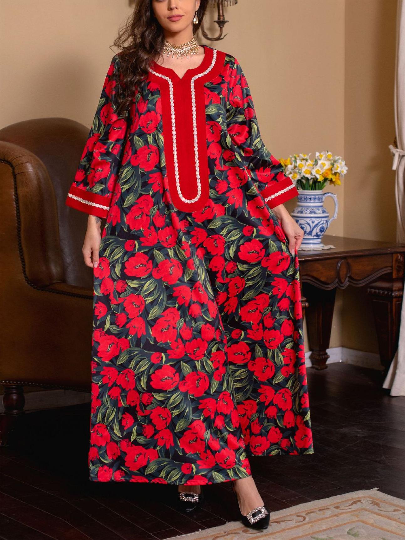 Elegant Floral Print Small V Neck Kaftan | Oxredo Shop Ramadan Sale