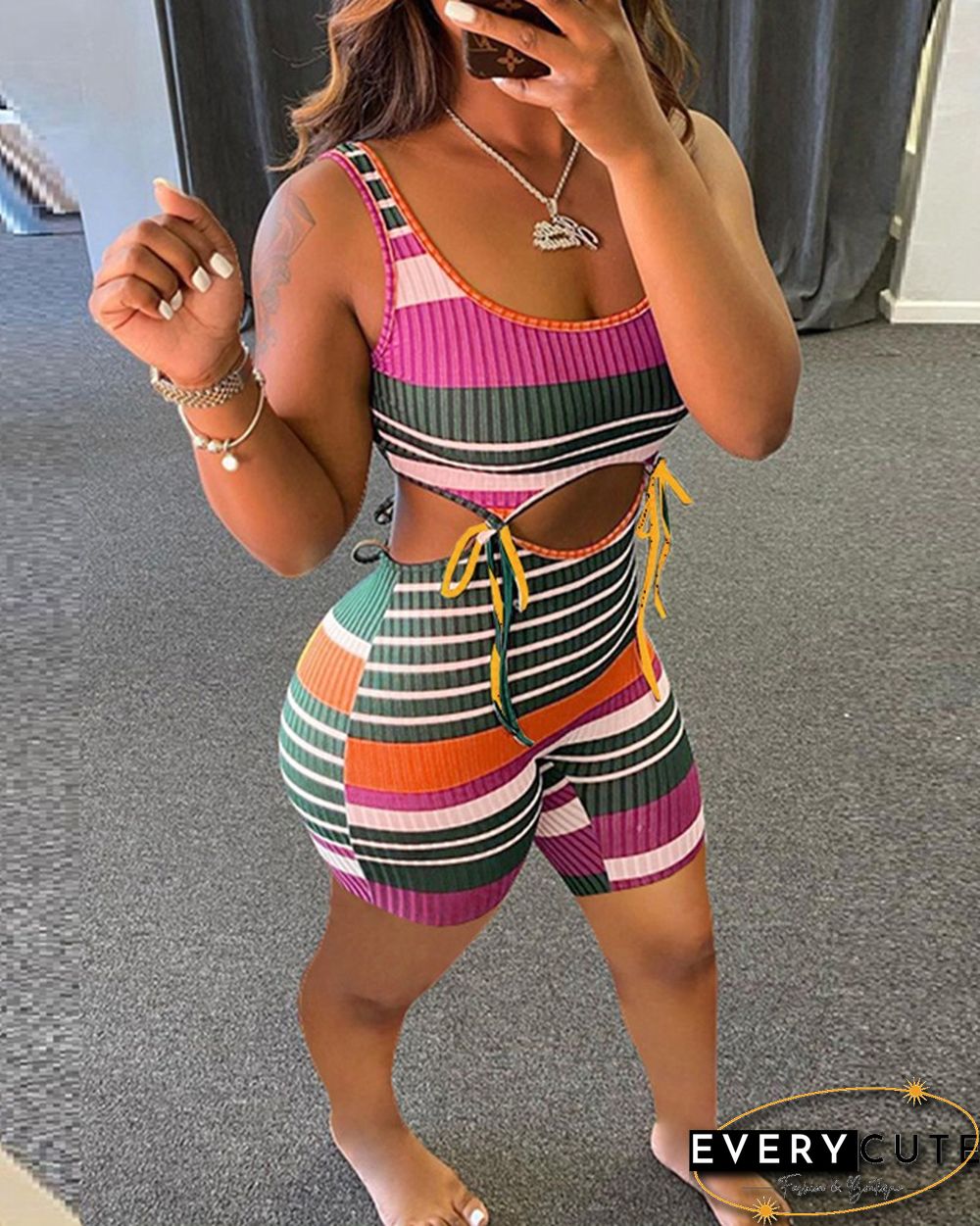 Rib-knit Pit Colorful Stripe Spaghetti Strap Jumpsuit