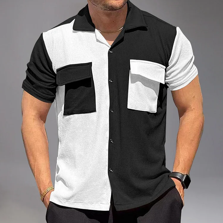 Casual Corduroy Color Blocks Flap Pocket Button Short Sleeve Shirt Okaywear