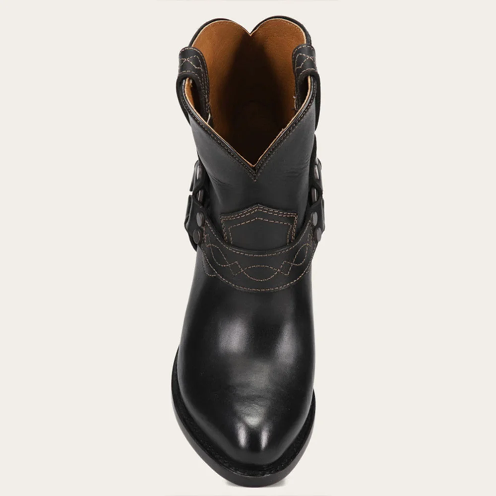 Black Pull Tab Round Toe Low Heel Studded Buckle Strap Ankle Boots