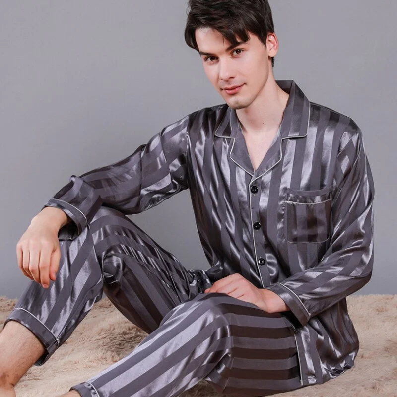 Brand 100% Real Silk Men Pajamas High Quality Long-Sleeved 2 Pieces Pajama Pants Sets Male Mulberry Silk Pyjama home