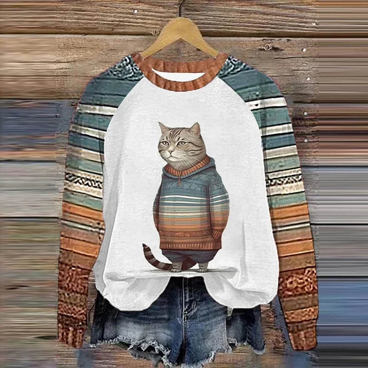 Comstylish Women's Winter Cat Print Casual Sweatshirt