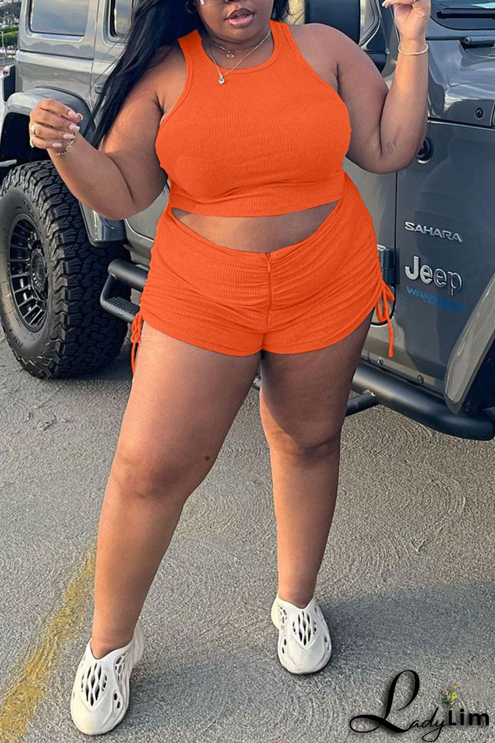 Fluorescent Green Casual Solid Split Joint O Neck Plus Size Two Pieces