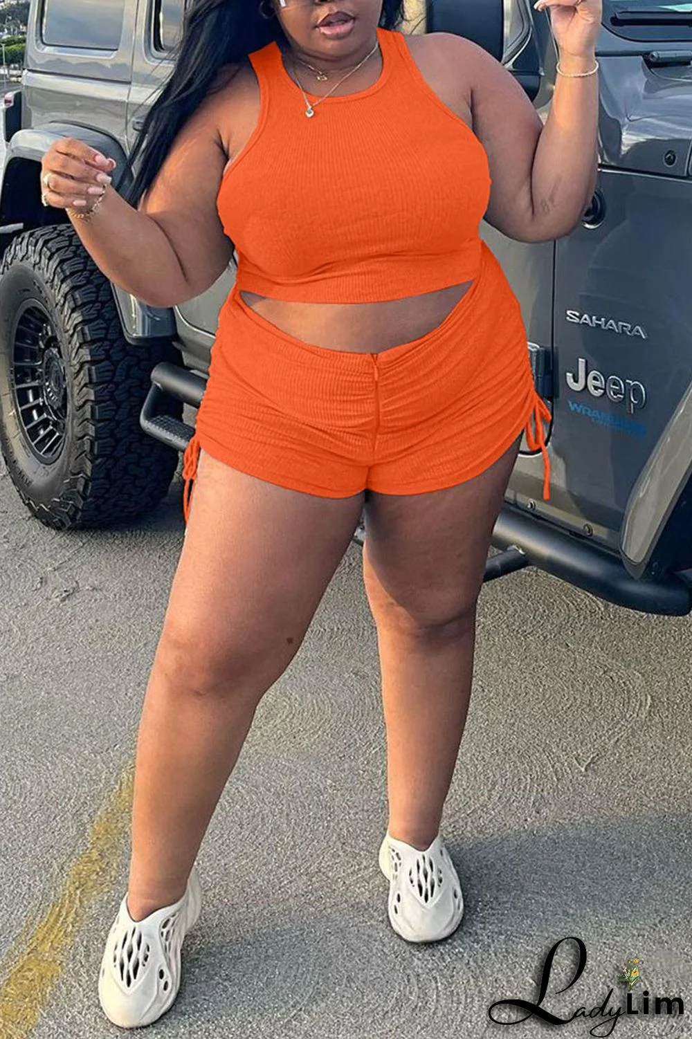 Fluorescent Green Casual Solid Split Joint O Neck Plus Size Two Pieces