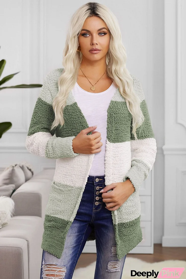 Women's Green Colorblock Popcorn Knit Cardigan