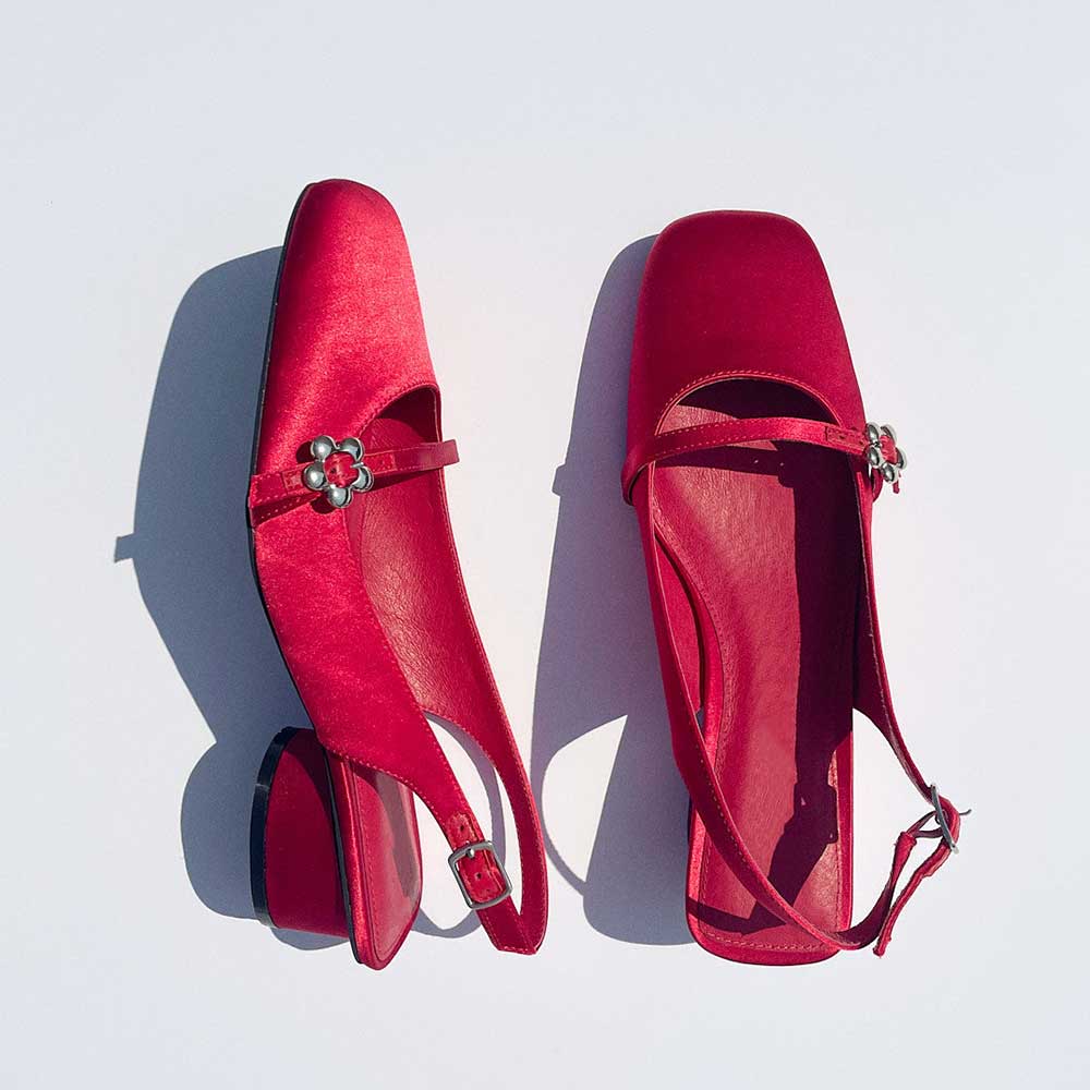 Red Satin Square Toe Chunky Heel Buckle Slingback Pumps Nicepairs