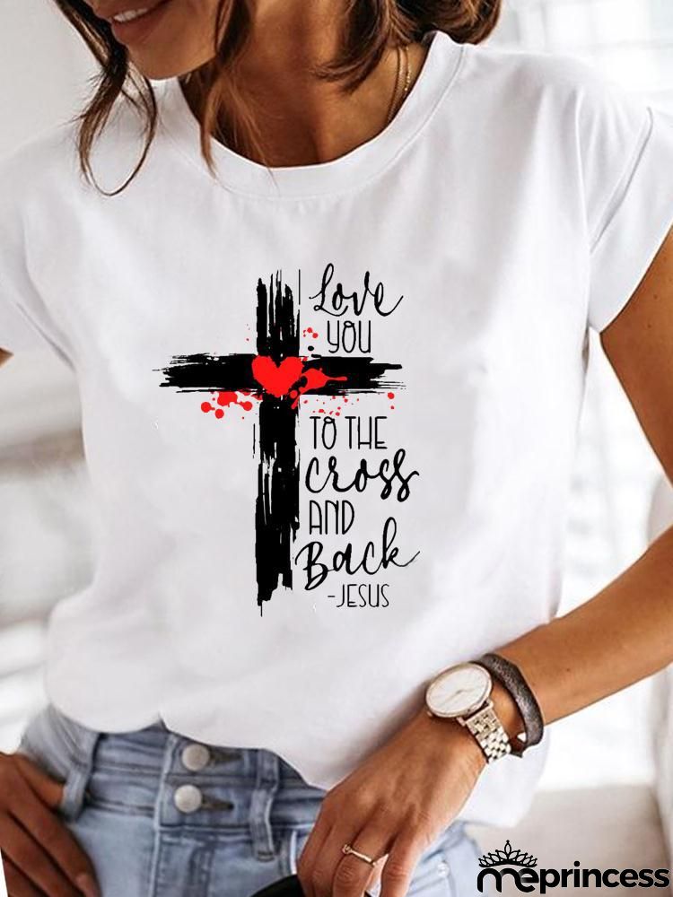 Women Fashion Base Letter Sunflower Cross Print Round Neck Short Sleeve T-Shirt