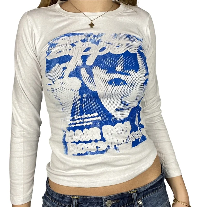 Xingqing Gothic Portrait Print T-shirt Aesthetic Short Sleevle Sweats Tees Harajuku Streetwear White Crop Top Women Clothes