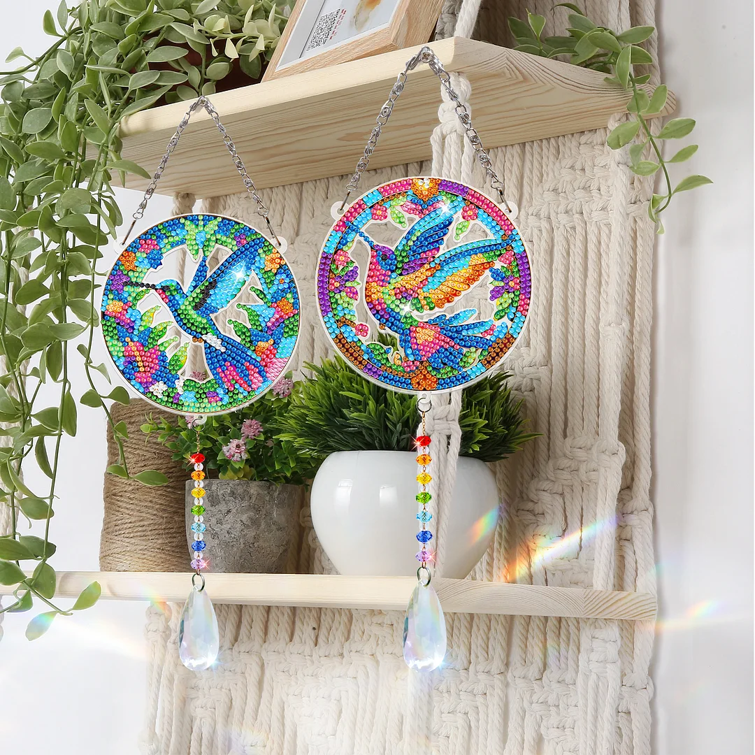2Pcs Hummingbird DIY Acrylic Diamond Painting Art Wind Chimes with Crystal Pendant Diamond Art Hanging Pendant Double-Sided for Adults Beginners Gift Home Garden Decor