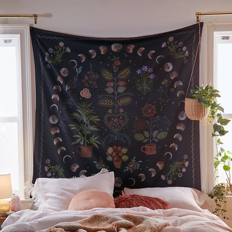 Psychedelic Moon Phase Tapestry Bohemia Flowers Plants Pattern Blanket Tapestry Bedroom Bedspread Decoration Sky Carpet