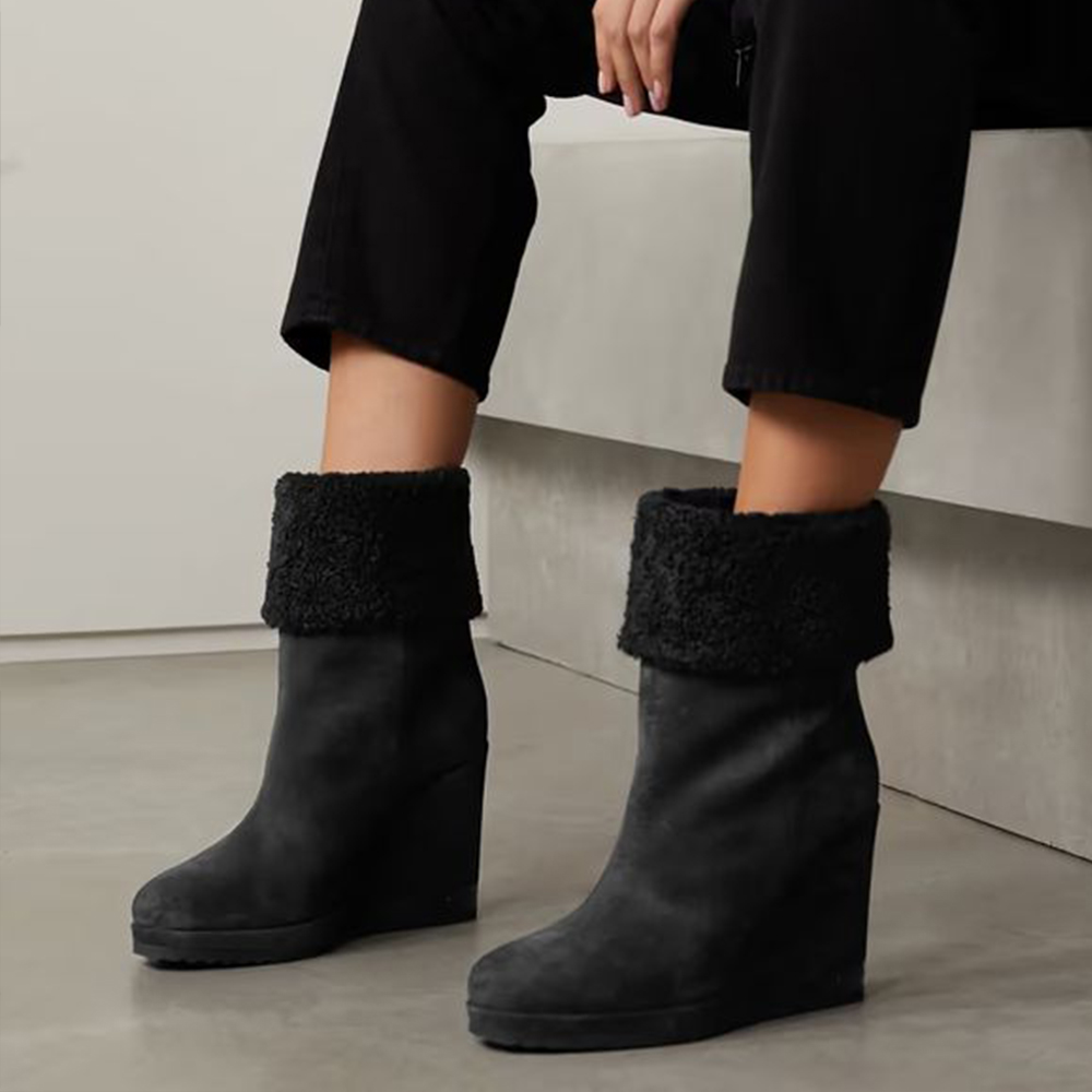 Women's Vegan Suede Round Toe Fuzzy Fold Over Wedge Boots in Black Nicepairs