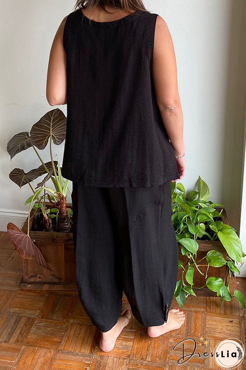 Solid O Neck Tank Pants Set