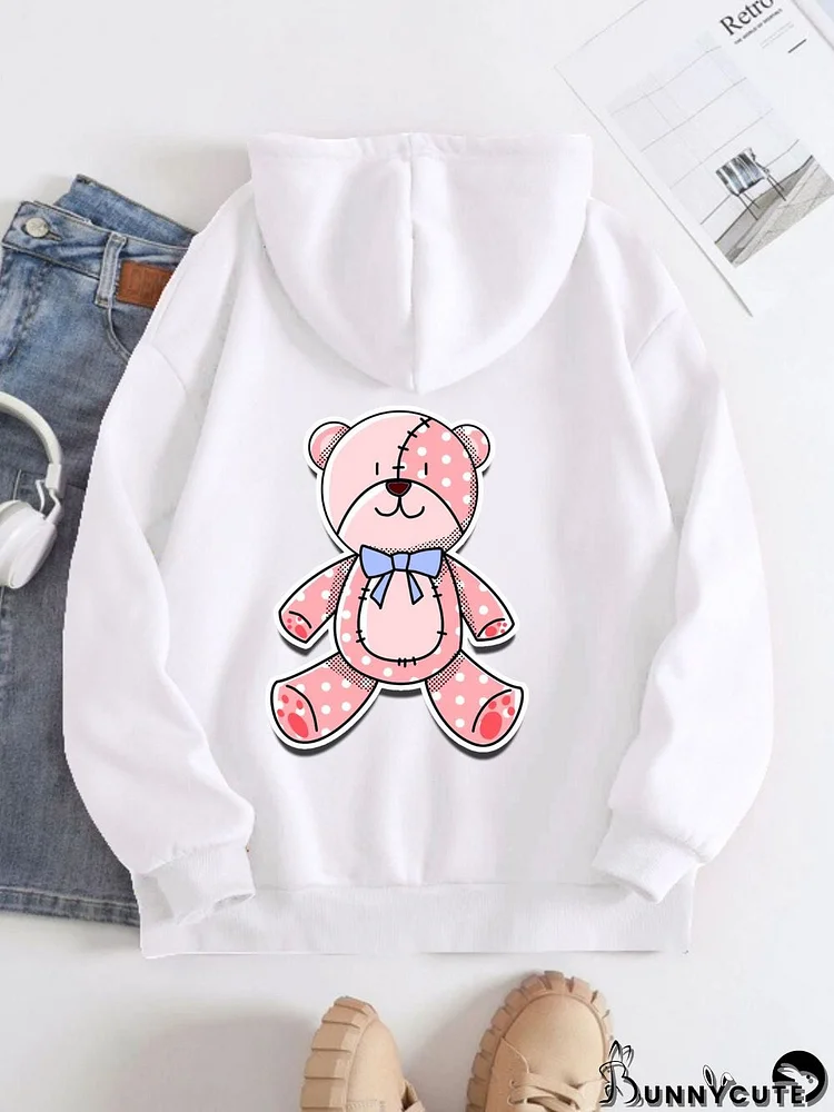 Printed on the Back Kangaroo Pocket Hoodie Long Sleeve for Women Pattern Pink Patchwork Bear