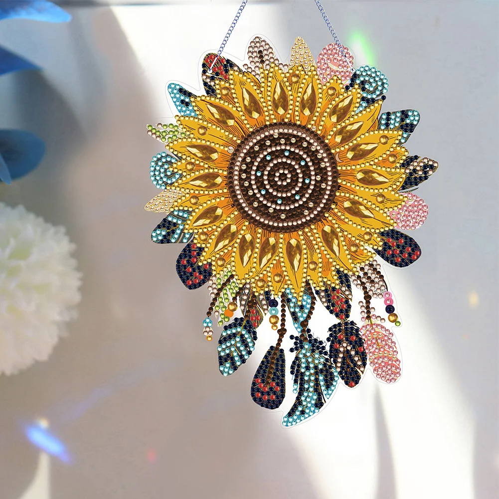 DIY Sunflower Dreamcatcher Acrylic Single-Sided Diamond Painting Hanging Pendant for Home Wall Decor 