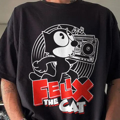 Felix The Cat Boombox Record Player Graphic Printed Men's T-shirt
