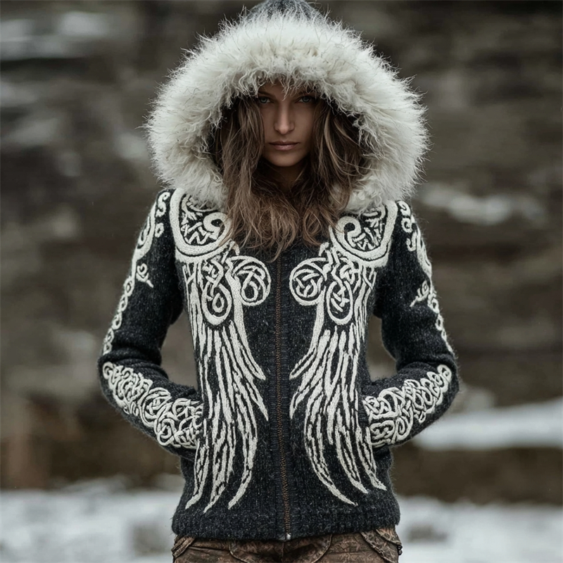 Vintage Viking Celtic Wings Cozy Fur Hooded Cardigan elevenforest