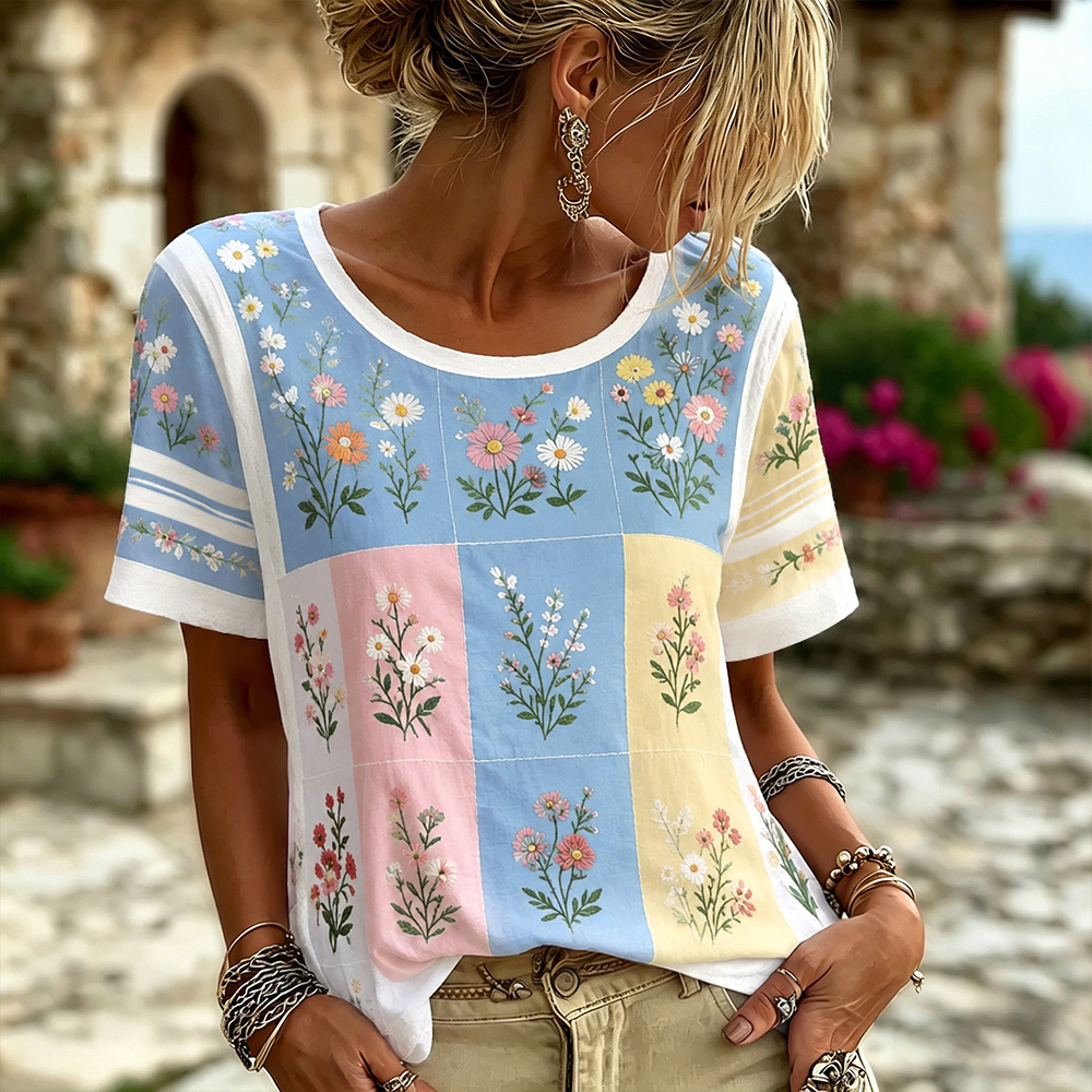 Women's Floral And Lace Art Embroidery Spliced Vintage Casual Short Sleeve Top artswardrobe