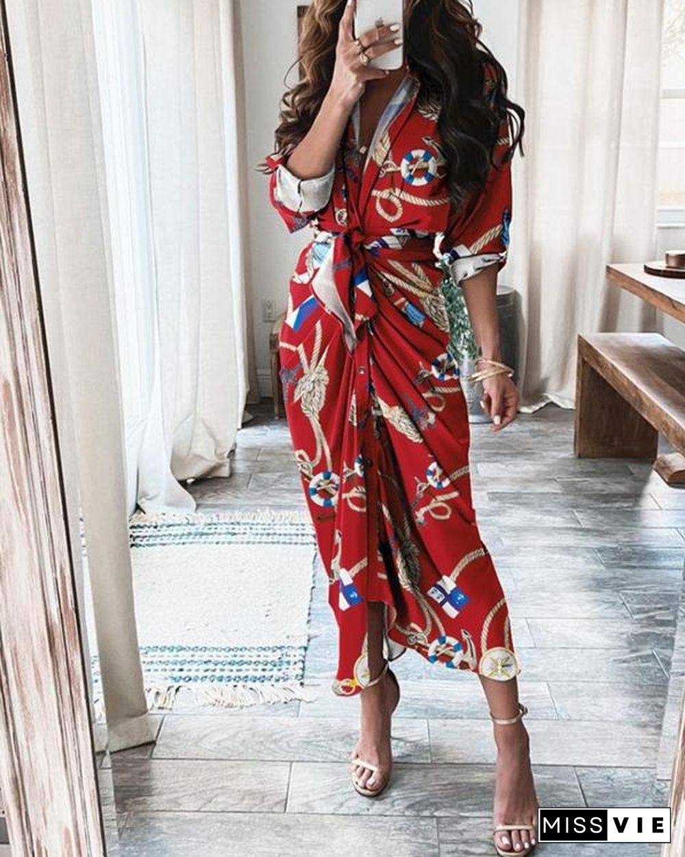 Print Satin Pleated Classy Bandage Shirt Dress
