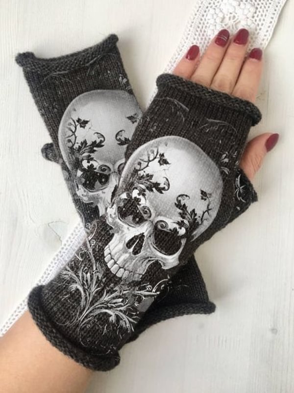 Punk skull print warm gloves