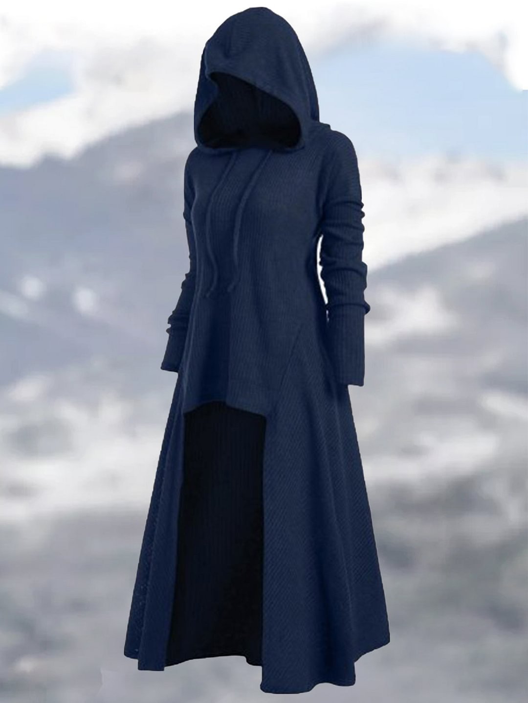 Plain Ribbed Drawstring Hollow Front Hooded Dress