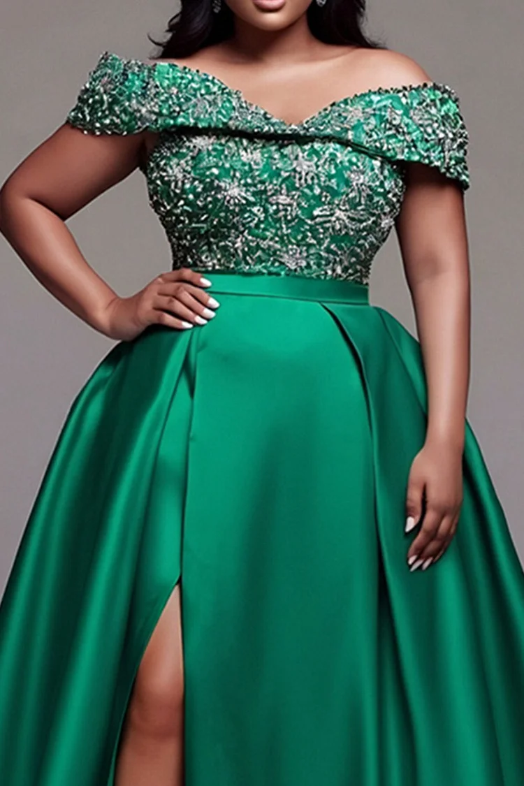 Xpluswear Design Plus Size Formal Green Off The Shoulder Short Sleeve Split Elegant Satin Maxi Dresses
