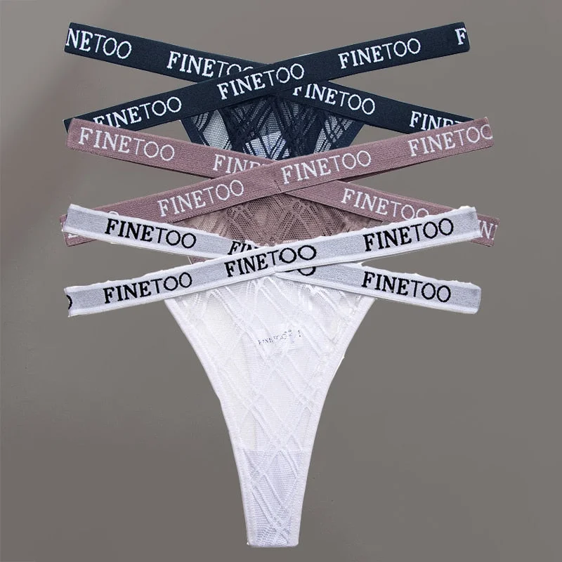 FINETOO 3PCS/Set Women's Letter Lace Mesh G-string Sexy Cross Strap Panties Midi Waist Underwear Thongs Femme Hollow Out Panties