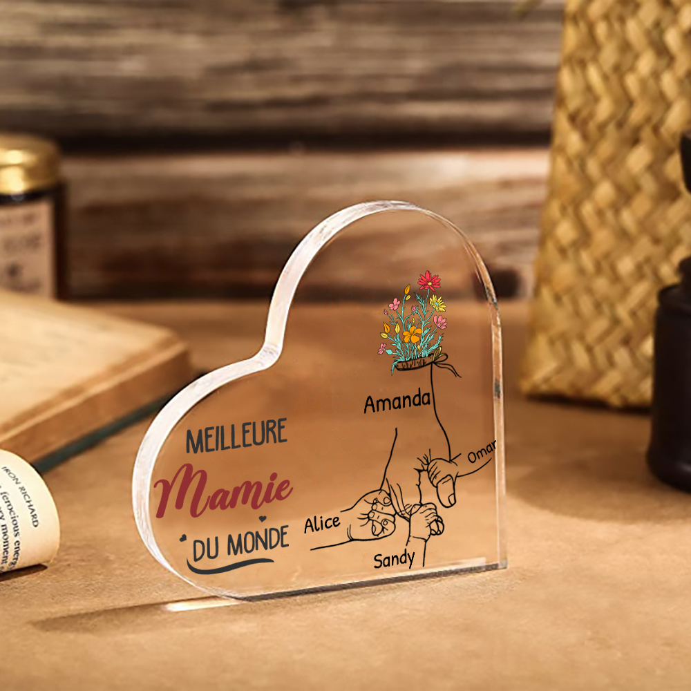 Plaque Acrylique en Forme de Cœur 2-7 Prénoms Personnalisés pour Mamie