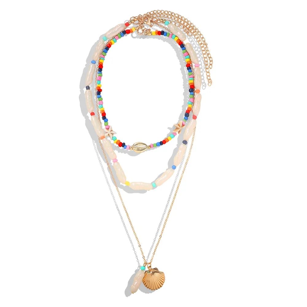 Dvacaman Boho Colorful 2pcs/set Beads Chain Necklace Trendy Ethnic Multi Layer Beaded Choker Necklace for Women Party Jewelry