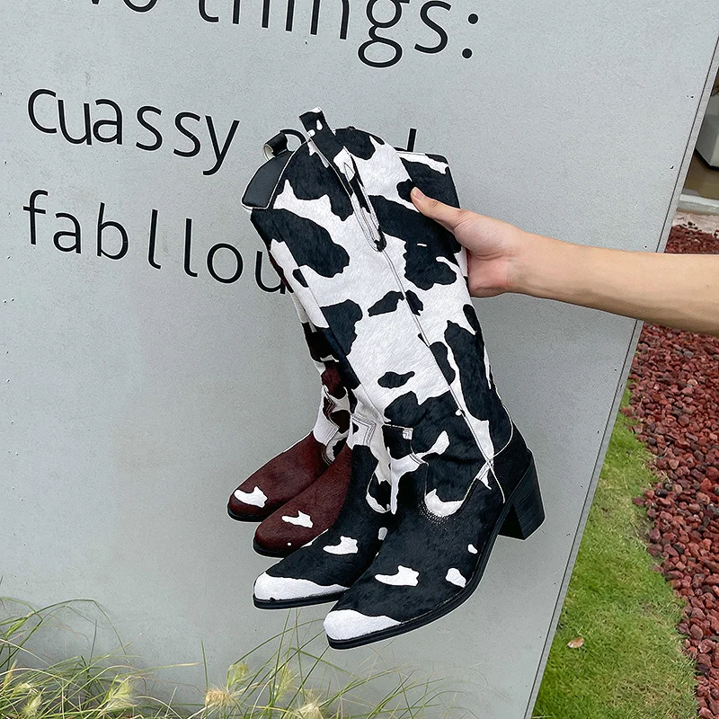 Qengg Qengg 2023 New Pointed Thick With Cow Grain Horse Hair Catwalk Thick Heel And Knee Boots Women's Boots Knight Boots