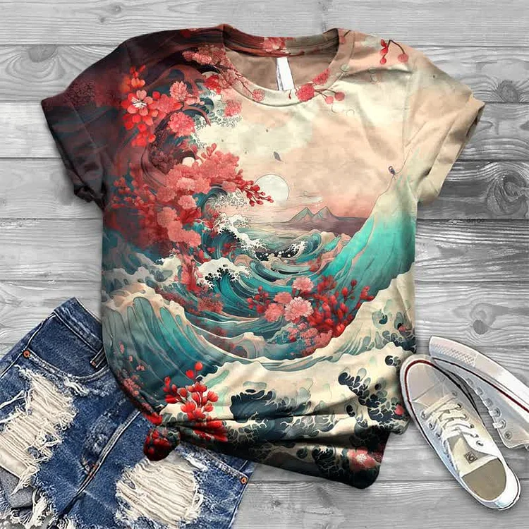 Plum Blossom Wave Japanese Style Print T-shirt
