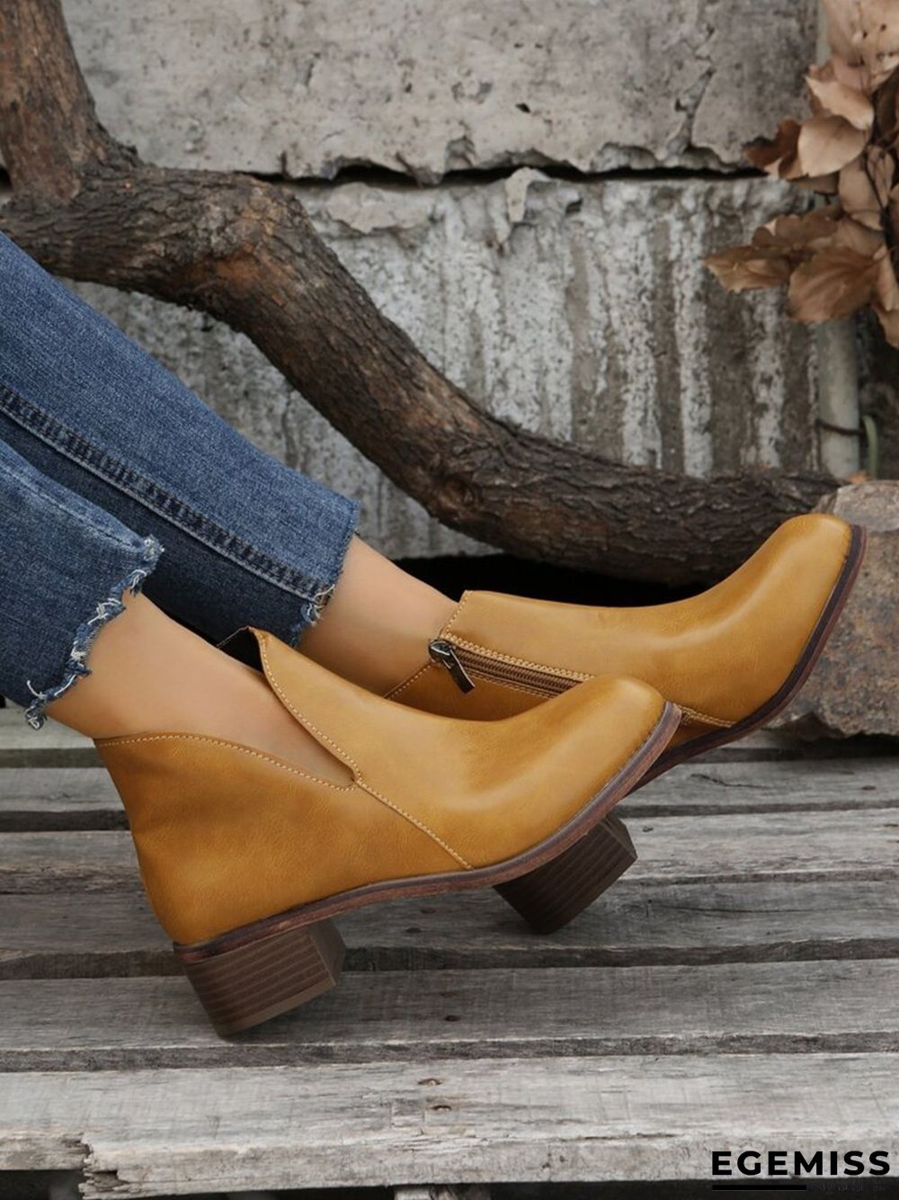 Retro Distressed Polished Color Zipper Thick Heel Pointed Ankle Boots | EGEMISS