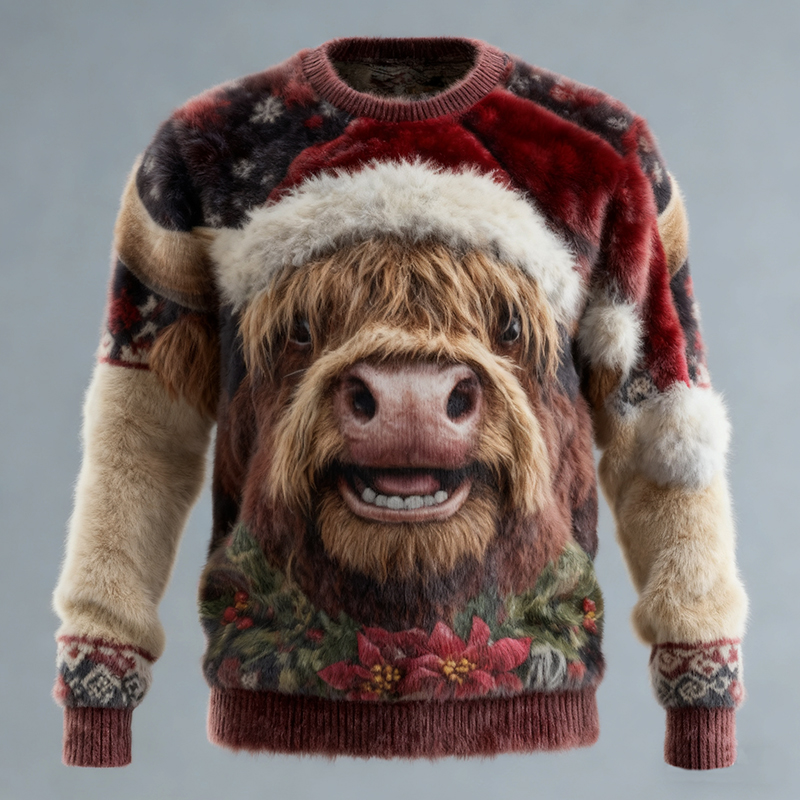 Men's Funny Vintage Christmas Highland Cow Print Crew Neck Flannel Sweatshirt elevenforest