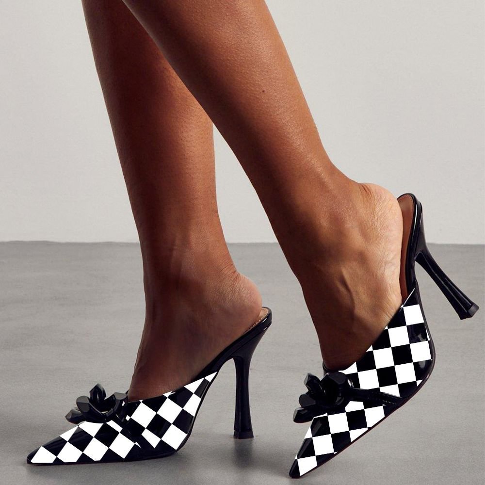 Pointed Toe Slide Mules Checkerboard Black White Mules Nicepairs