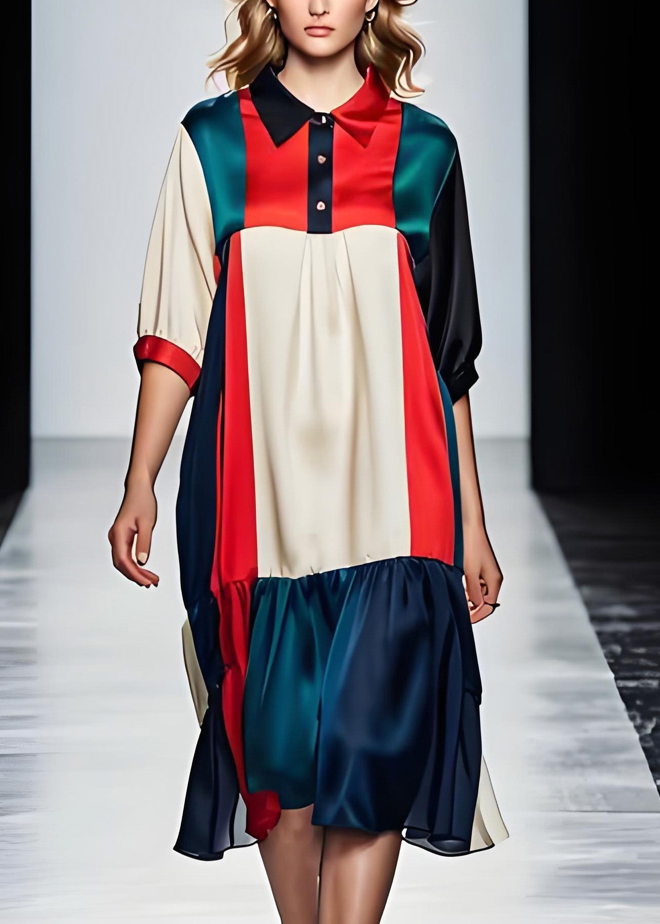 VCSHOES Colorblock Peter Pan Collar Patchwork Silk Dresses Summer