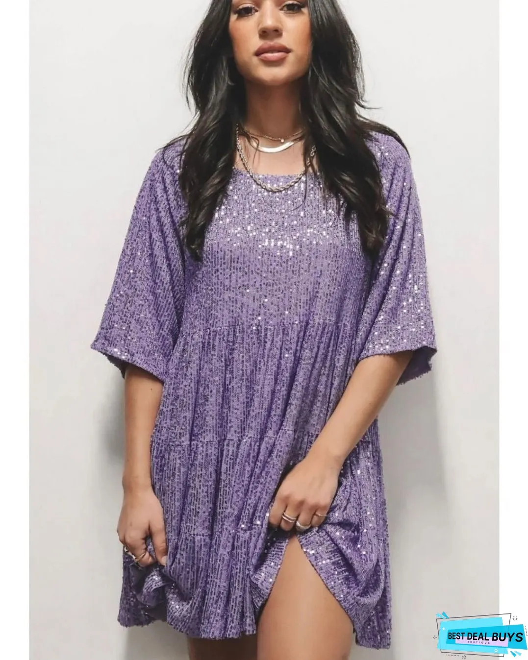 Color Fashionable Sequins Round Neck Loose Waist Sleeve Dresses