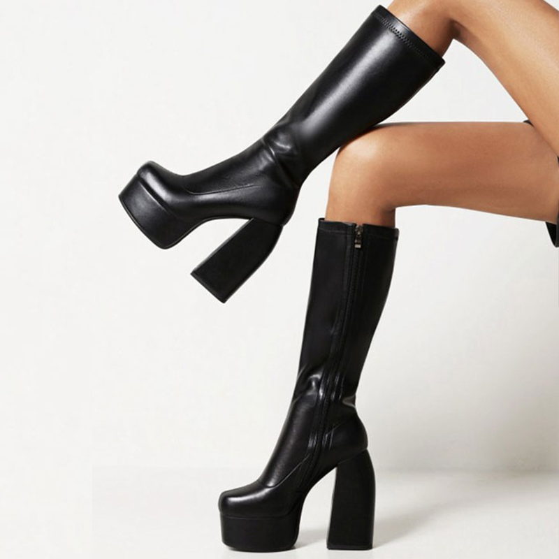 Stylish Square Toe Side Zipper Calf-High Platform Boots in Black