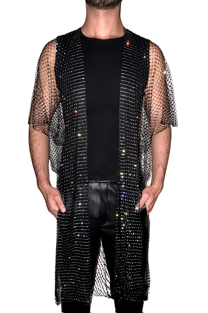 Ciciful Men's Rhinestone See Through Mesh Irregular Hem Festival Half Sleeve Kimono