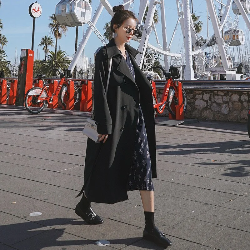 Brand New Fashion Women Trench Coat Black Double-Breasted with Belt Long Duster Coat for Lady Spring Autumn Female Outerwear