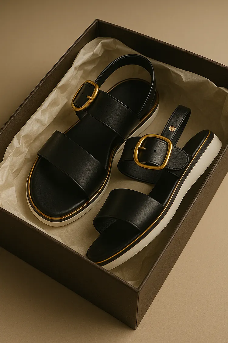 | Gold-Buckle Strap Sandals