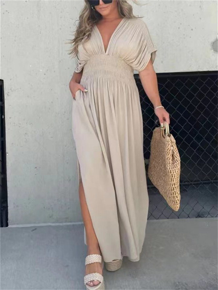 Women's Summer Solid Color V-neck Bat Sleeve Elastic Waist Thin Split Long Skirt